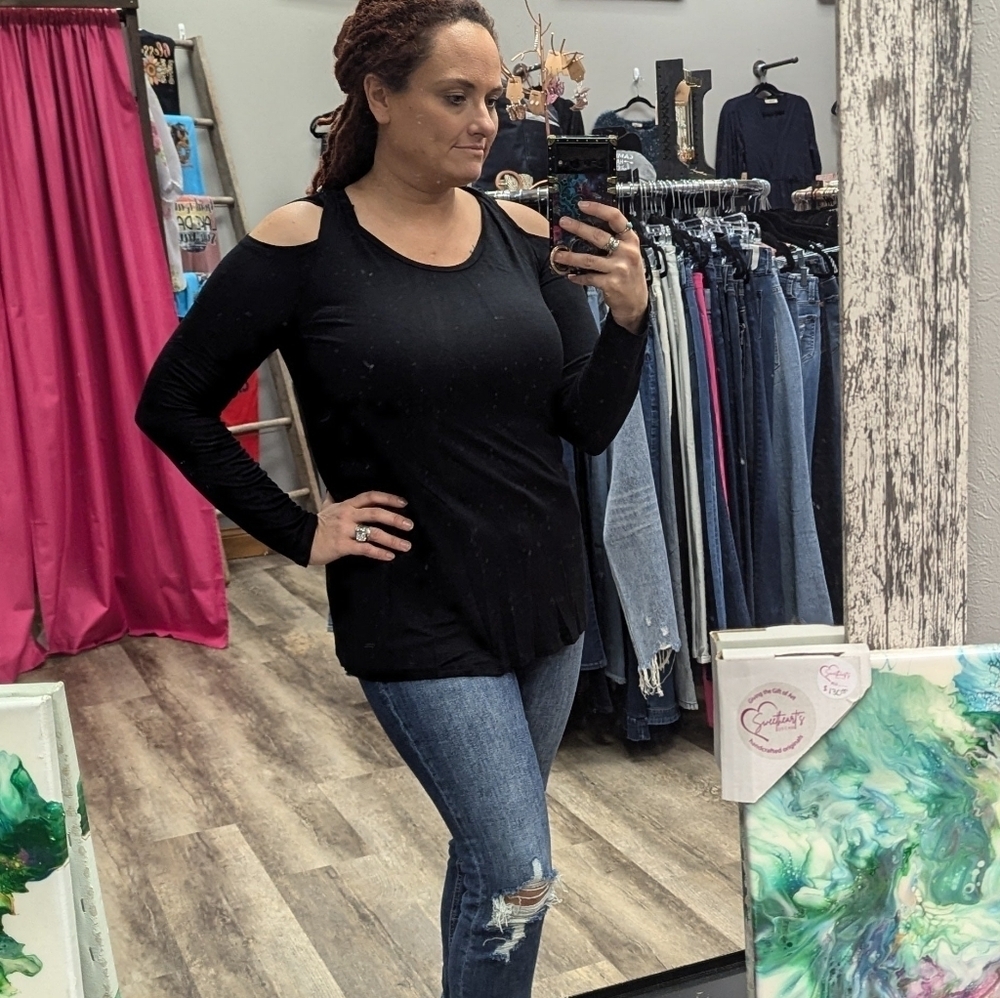 Women's Black Cold Shoulder Long Sleeve Light Weight Casual Trendy Soft Shirt